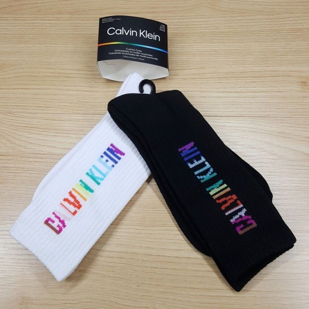 CALVIN KLEIN Mens Crew Socks White Black 2-Pack Solid Rainbow Logo